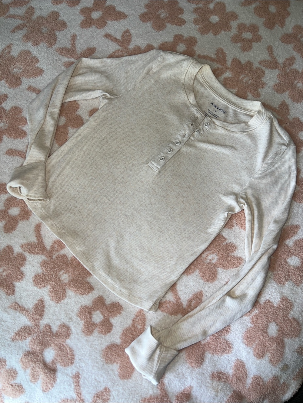 Pink Rose Heathered Tan Waffle Henley Long Sleeve